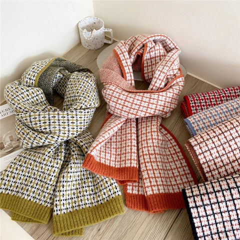 Winter Knitted Long Scarf Thick Warm Lattice Plaid Pattern Polyester Fiber Vintage Shawl For Women