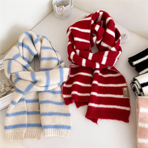 Gestreifter Strickschal Polyester Verdickter Warmer Langer Winterschal Koreanischer Stil Damen