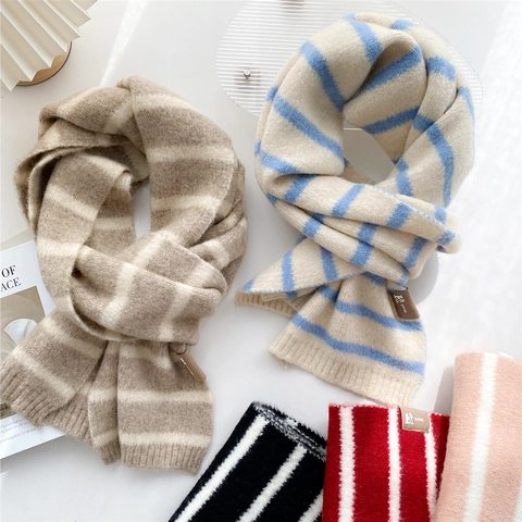 Gestreifter Strickschal Polyester Verdickter Warmer Langer Winterschal Koreanischer Stil Damen