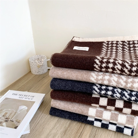 Gestrickter Winterschal Verdickt Warm Lang Zweifarbig Hahnentritt Schachbrettmuster Koreanischer Stil Weich Damen