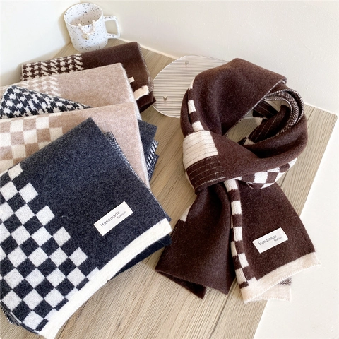 Gestrickter Winterschal Verdickt Warm Lang Zweifarbig Hahnentritt Schachbrettmuster Koreanischer Stil Weich Damen