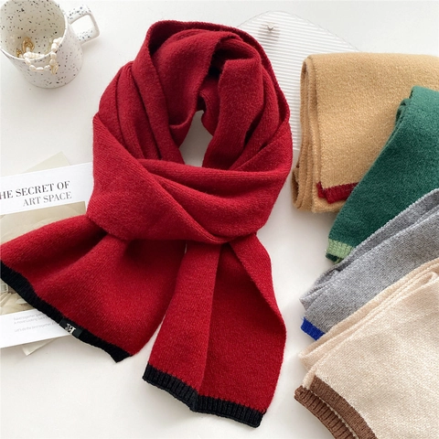 Sciarpa In Maglia Invernale Calda Poliestere Bicolore Contrasto Bordo A Costine Scialle Lungo Casual
