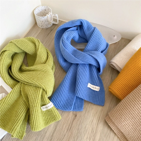Solid Color Knitted Winter Scarf For Women Men Thick Warm Ribbed Soft Knit Long Neck Warmer With Decorative Label Accessory