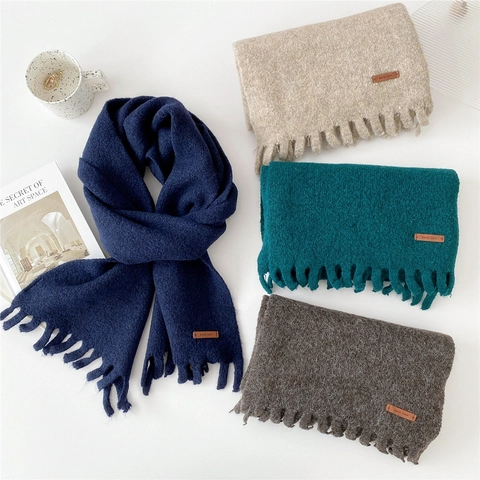 Solid Color Knitted Scarf With Fringe And Leather Label Thickened Warm Winter Scarf For Women Outdoor Elegant Wrap