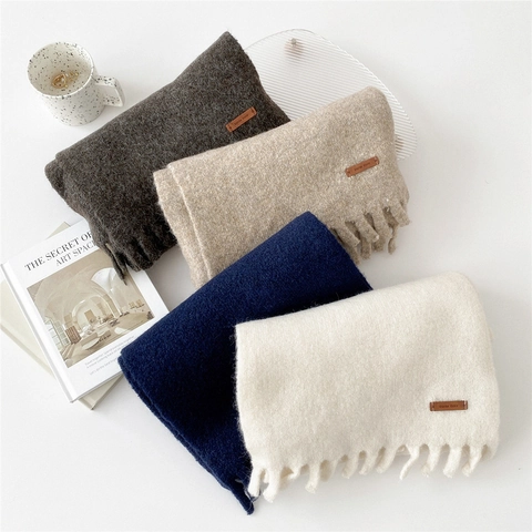Solid Color Knitted Scarf With Fringe And Leather Label Thickened Warm Winter Scarf For Women Outdoor Elegant Wrap