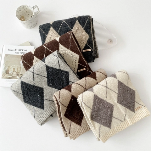 Sciarpa In Maglia Da Donna Motivo Argyle Spessa Calda Invernale Stile Britannico Vintage Morbida