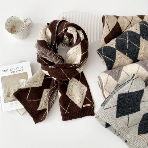 Sciarpa In Maglia Da Donna Motivo Argyle Spessa Calda Invernale Stile Britannico Vintage Morbida