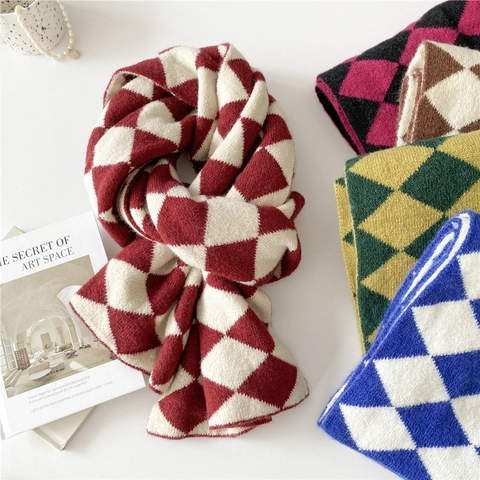 Sciarpa In Maglia Con Motivo A Rombi Inverno Caldo Spesso Lungo Poliestere Design Retrò Stile Britannico Da Donna