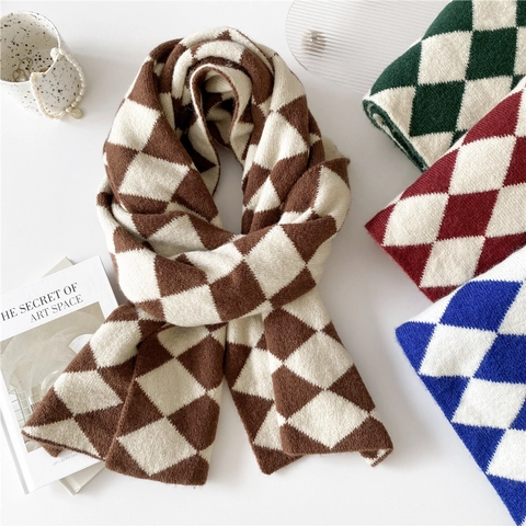 Sciarpa In Maglia Con Motivo A Rombi Inverno Caldo Spesso Lungo Poliestere Design Retrò Stile Britannico Da Donna