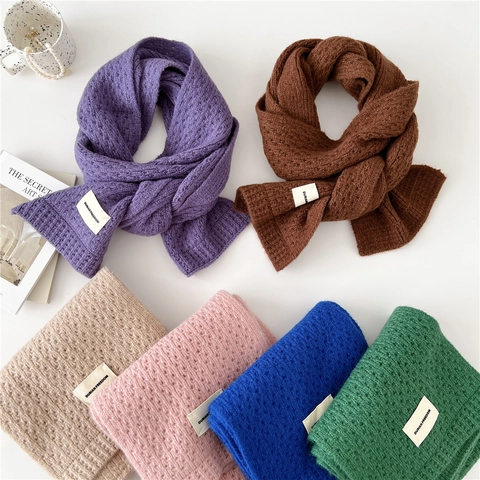Winter Knitted Scarf Warm Polyester Solid Color Soft Waxy Waffle Pattern Fashionable Neck Warmer For Women Couples Students