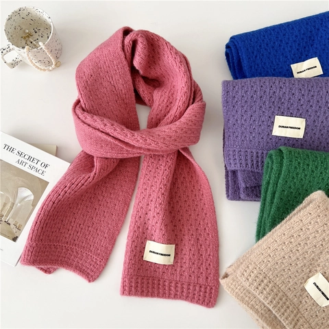 Winter Knitted Scarf Warm Polyester Solid Color Soft Waxy Waffle Pattern Fashionable Neck Warmer For Women Couples Students