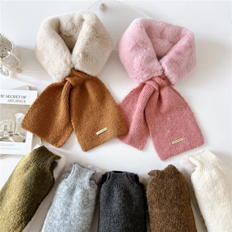 Sciarpa Patchwork In Maglia Di Pelliccia Sintetica Per Donna Inverno Caldo Scaldacollo Incrociato Con Etichetta In Metallo Peluche Morbido