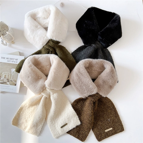Sciarpa Patchwork In Maglia Di Pelliccia Sintetica Per Donna Inverno Caldo Scaldacollo Incrociato Con Etichetta In Metallo Peluche Morbido