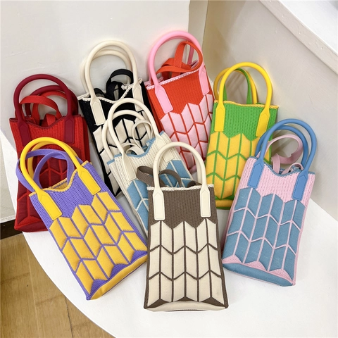 Mini Borsa A Tracolla In Maglia Per Cellulare Motivo Geometrico Uncinetto Con Manici Tondi E Tracolla Per Donna