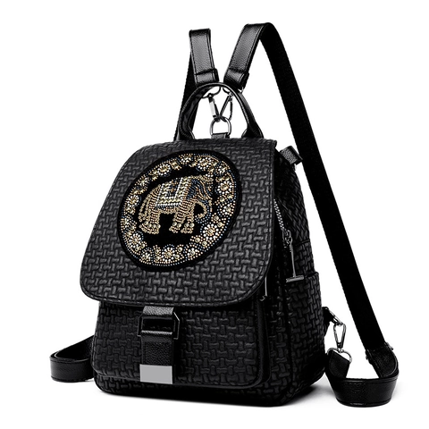 Mode Gewebter PU Leder Rucksack Große Kapazität Straß Elefant Ethnisch Stil Reisen Schule Tasche Für Damen