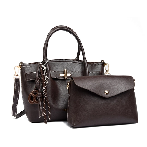 Retro PU Leather Handbag And Small Envelope Bag With Gold Metal Lock Contrast Stitching Detachable Shoulder Strap For Women