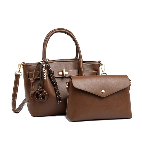 Retro PU Leather Handbag And Small Envelope Bag With Gold Metal Lock Contrast Stitching Detachable Shoulder Strap For Women