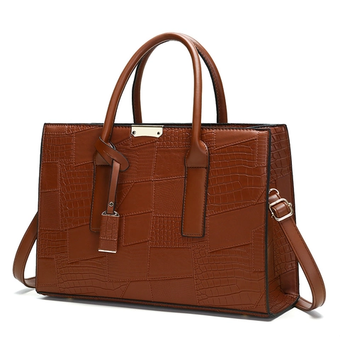 Vintage Women Tote Bag PU Leather Crocodile Embossed Patchwork Commuter Shoulder Handbag