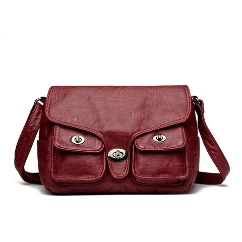 Vintage PU Leather Multi Pocket Crossbody Bag For Women Retro Biker Shoulder Baguette Bag With Twist Lock Buckle