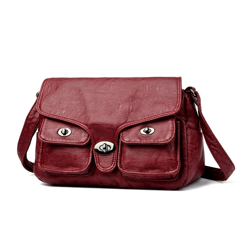 Vintage PU Leather Multi Pocket Crossbody Bag For Women Retro Biker Shoulder Baguette Bag With Twist Lock Buckle