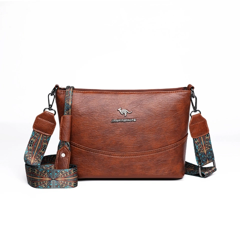Damen Umhängetasche Kunstleder Narbenoptik Retro Schultertasche Mit Breitem Ethno Muster Gurt Elegante Messenger Handtasche