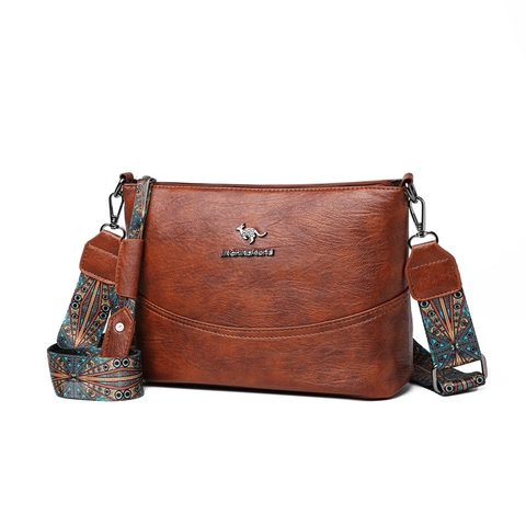 Damen Umhängetasche Kunstleder Narbenoptik Retro Schultertasche Mit Breitem Ethno Muster Gurt Elegante Messenger Handtasche