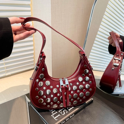 Sac Hobo À Rivets Mode Sac Sous Le Bras Croissant Cuir PU Sac À Main Épaule Style Punk Y2K Pour Femmes