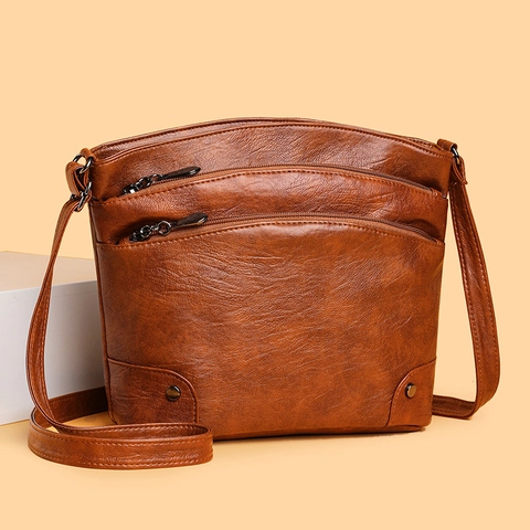 Damen Eimer Umhängetasche Mehrlagige Reißverschlusstaschen Litschimaserung PU Leder Retro Nietendekor Einfache Schultertasche Vielseitig