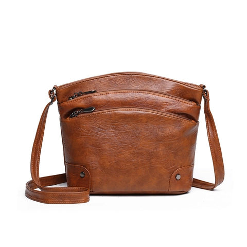 Damen Eimer Umhängetasche Mehrlagige Reißverschlusstaschen Litschimaserung PU Leder Retro Nietendekor Einfache Schultertasche Vielseitig