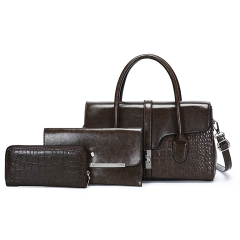 Vintage Crocodile Pattern Cowhide Leather Handbag Crossbody Bag And Wallet Set For Women Glossy Oil Leather Office Lady Shoulder Bag With Metal Lock