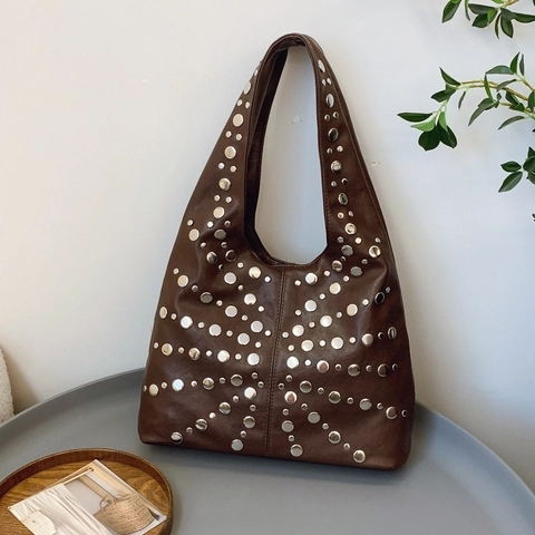 Large Capacity Hobo Bag PU Leather Silver Studded Rivets Starburst Pattern Retro Punk Shoulder Tote For Women