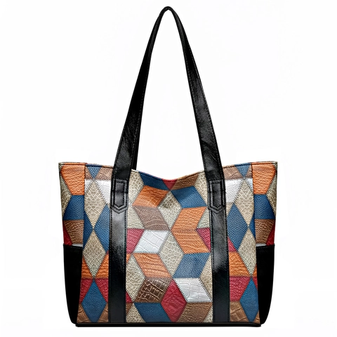 Women Large Capacity Tote Bag PU Leather Multi Color Geometric Patchwork Shoulder Handbag Fashion Casual