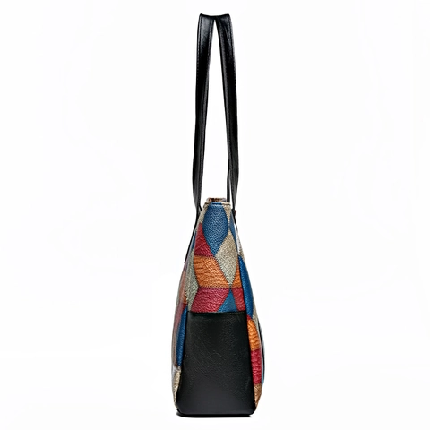 Women Large Capacity Tote Bag PU Leather Multi Color Geometric Patchwork Shoulder Handbag Fashion Casual