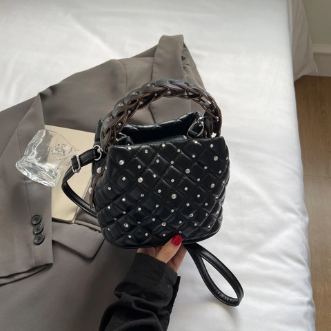 Fashion Women Quilted Rhombus Rhinestone Bucket Bag PU Leather Braided Handle Handbag Crossbody Shoulder Bag For Daily Party