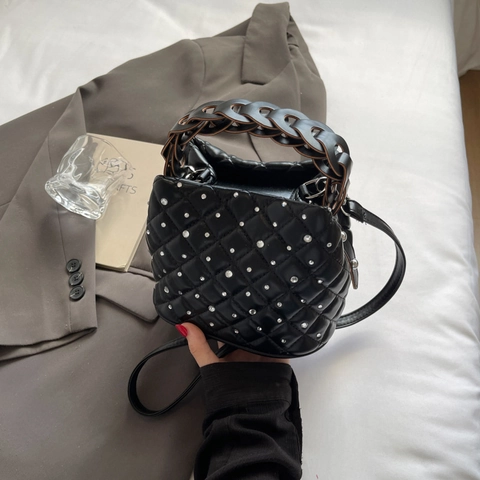 Fashion Women Quilted Rhombus Rhinestone Bucket Bag PU Leather Braided Handle Handbag Crossbody Shoulder Bag For Daily Party