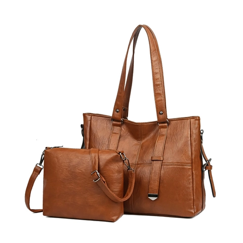 Ensemble Sac Cabas Et Sac Bandoulière Femme Grande Capacité Cuir PU Motif Litchi Vintage Sac À Main Navette Voyage