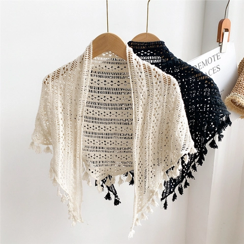 Women Crochet Hollow Out Triangle Shawl Scarf With Tassels Knit Summer Thin Bohemian Shoulder Wrap