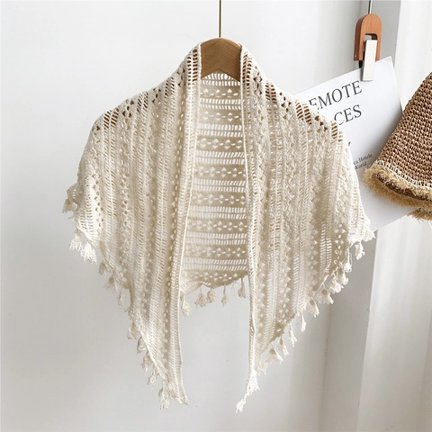 Women Crochet Hollow Out Triangle Shawl Scarf With Tassels Knit Summer Thin Bohemian Shoulder Wrap
