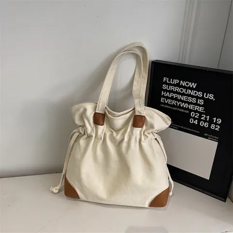 Large Canvas Drawstring Tote Bag For Women Japanese Style Casual Shoulder Bucket Bag With PU Leather Patch Stitching