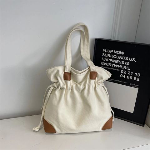 Large Canvas Drawstring Tote Bag For Women Japanese Style Casual Shoulder Bucket Bag With PU Leather Patch Stitching