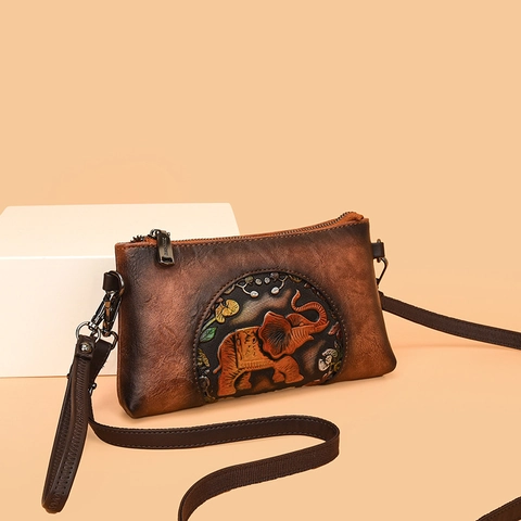 Sac Bandoulière Vintage Cuir PU Souple Motif Éléphant Embossé Style Ethnique Sac À Main Avec Bandoulière Amovible Femme