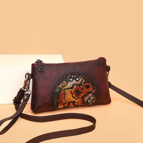 Sac Bandoulière Vintage Cuir PU Souple Motif Éléphant Embossé Style Ethnique Sac À Main Avec Bandoulière Amovible Femme
