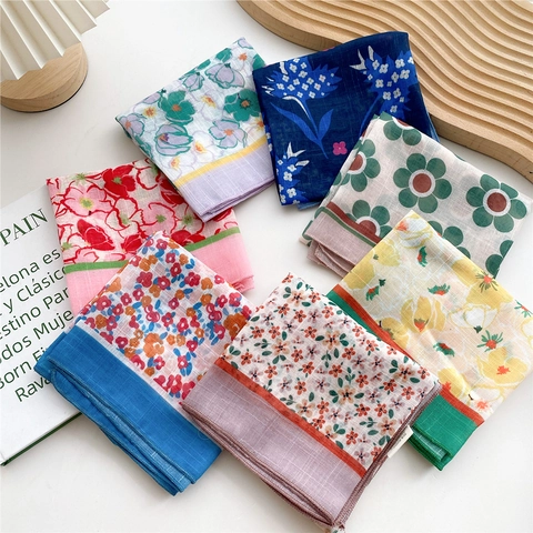 Women Floral Printed Polyester Square Scarf Literary Korean Style Neckerchief Fashion Small Scarf For Daily Travel Office Wear