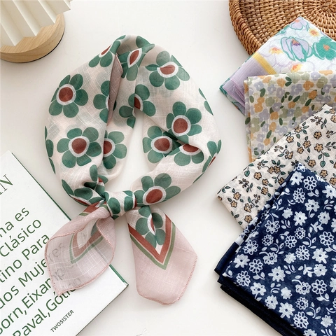 Women Floral Printed Polyester Square Scarf Literary Korean Style Neckerchief Fashion Small Scarf For Daily Travel Office Wear