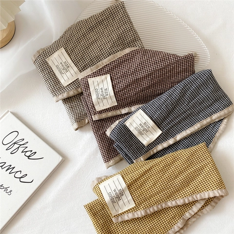 Sciarpa In Cotone E Lino Con Griglia A Diamanti Moda Coreana Gingham Fascia Per Capelli Stretta Foulard Da Donna Versatile Retro