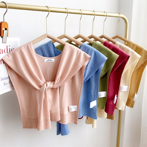 Women Knitted Shawl Solid Color Tied Shoulder Wrap Korean Style Decorative Fake Collar For Air Conditioned Room