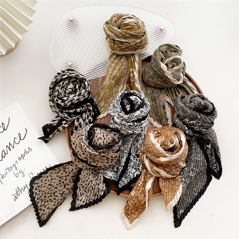 Women Pleated Scarf Accordion Plisse Satin Like Polyester Narrow Neck Tie Vintage Floral Houndstooth Elegant Hair Band Wrap