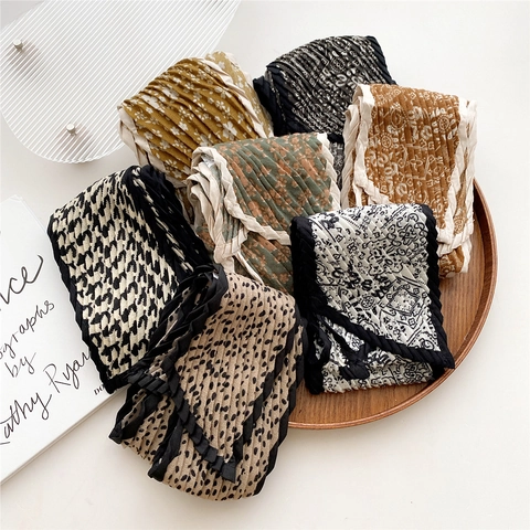 Women Pleated Scarf Accordion Plisse Satin Like Polyester Narrow Neck Tie Vintage Floral Houndstooth Elegant Hair Band Wrap