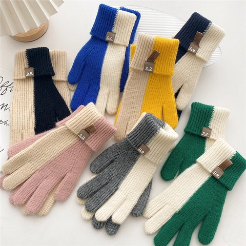 Guanti In Maglia Invernale Misto Lana Blocchi Di Colore Apertura A Due Dita Caldo Touchscreen Equitazione Unisex