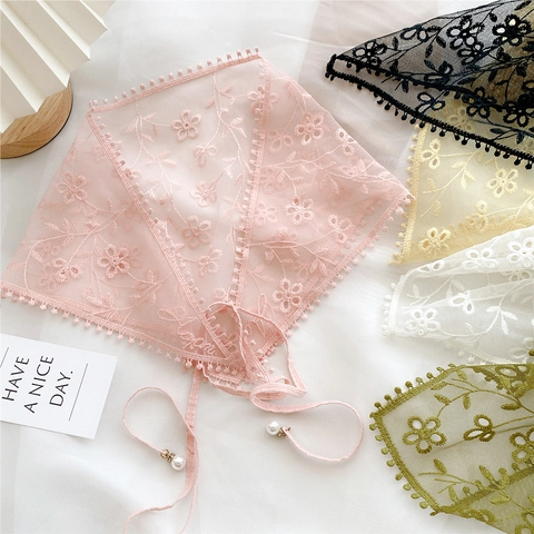 Triangle Scarf Lace Floral Embroidery With Faux Artificial Pearl Pendants Retro Mori Style Women Necktie Hair Headband Accessories